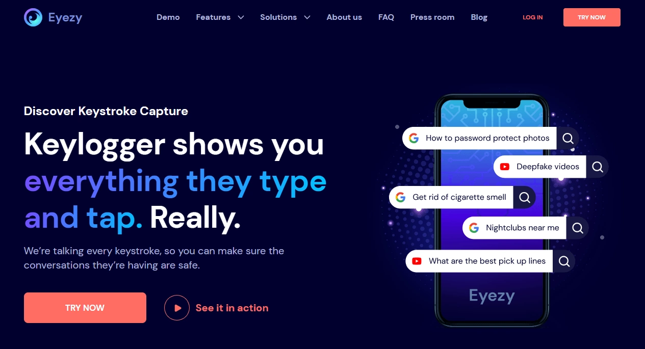 Screenshot of the Eyezy Keylogger landing page hero section.