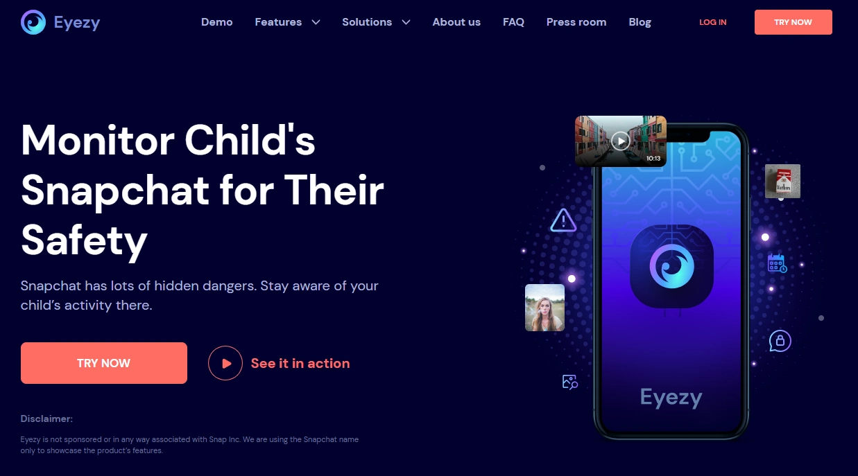 Screenshot of the Eyezy Snapchat landing page hero section.
