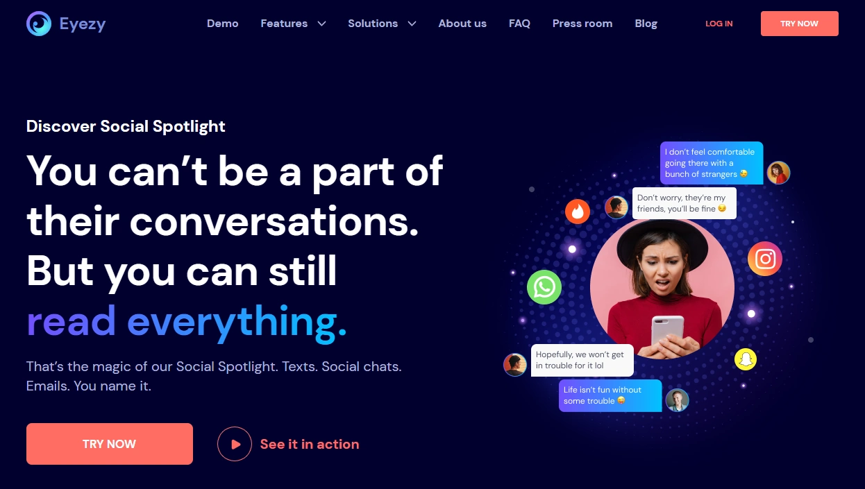 Screenshot of the Eyezy Social Spotlight landing page hero section.