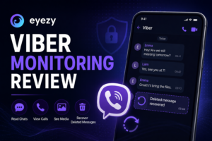 Featured image for Eyezy Viber Monitoring Review showing a smartphone with Viber chat monitoring, call tracking, media icons, and deleted message recovery visuals.