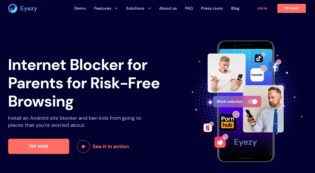 Screenshot of the Eyezy Website Blocker landing page hero section.