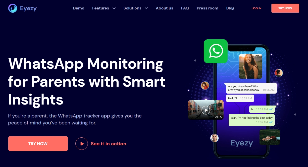 Screenshot of the Eyezy WhatsApp landing page hero section.
