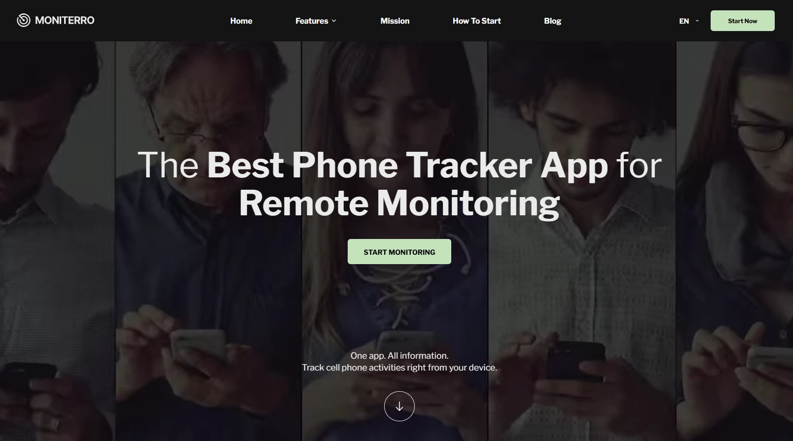 Screenshot of the Moniterro Default URL landing page hero section.
