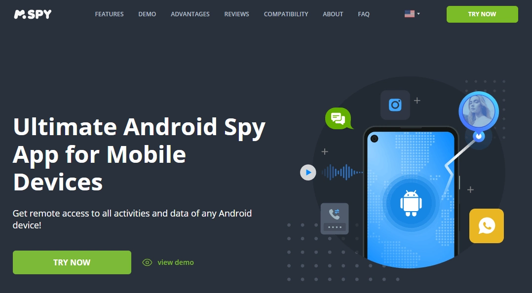 Screenshot of the mSpy Android Tracking 149 landing page hero section.