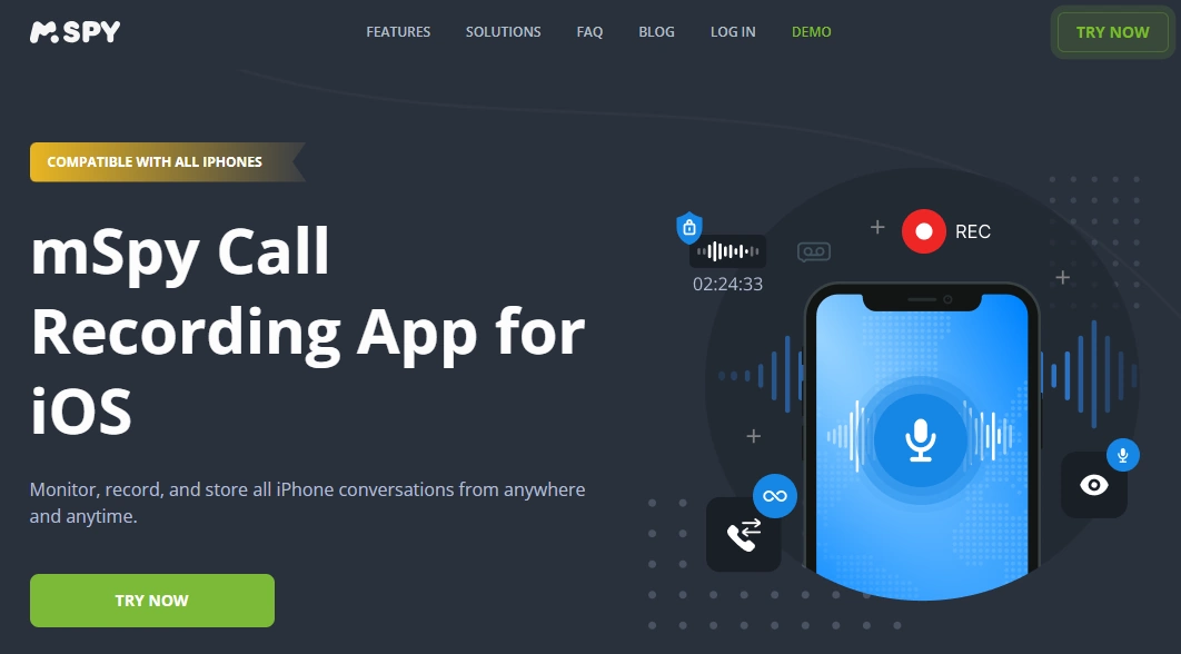 Screenshot of the mSpy Call Recorder iPhone landing page hero section.
