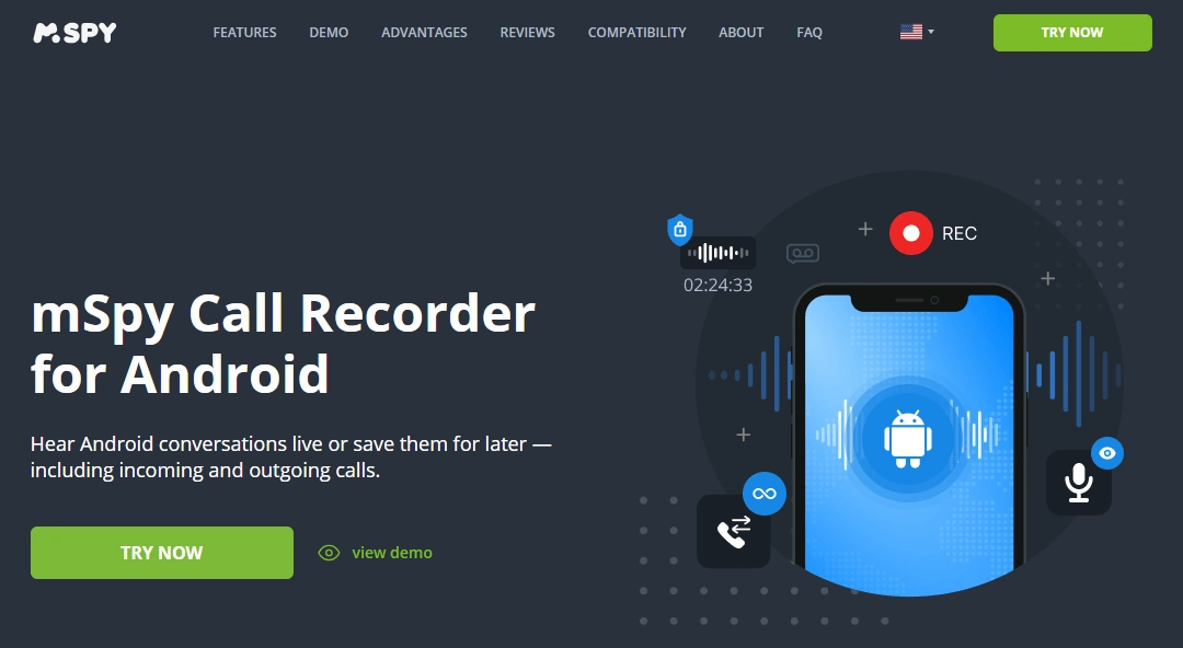 Screenshot of the mSpy Call Recorder landing page hero section.