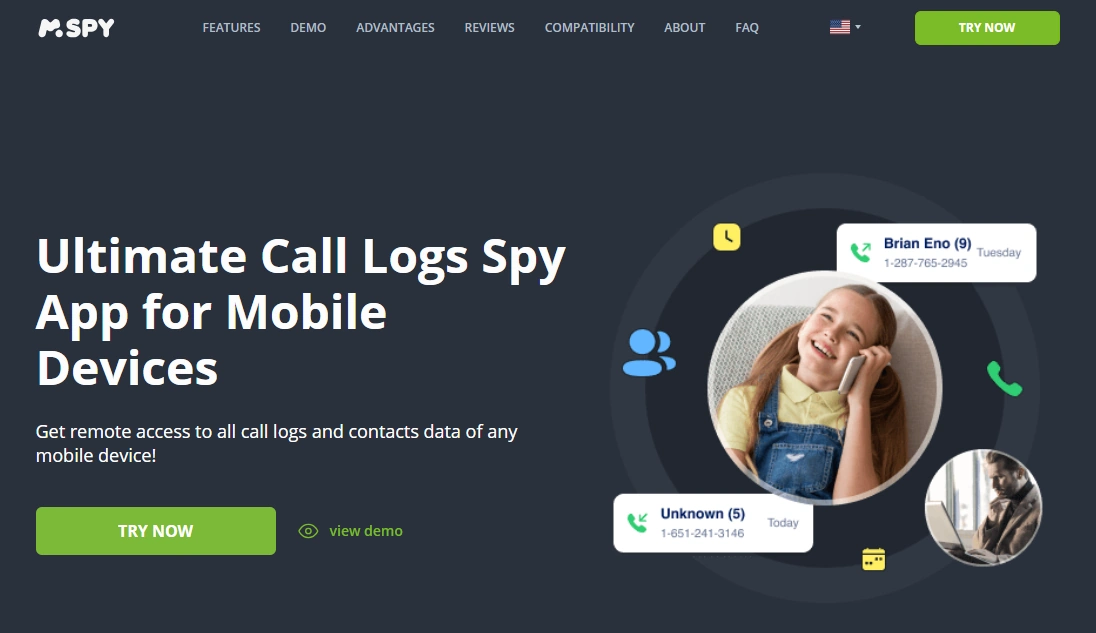 Screenshot of the mSpy Calls Tracking landing page hero section.