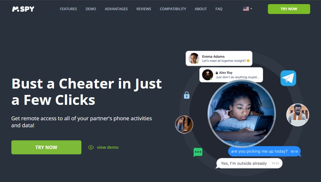 Screenshot of the mSpy Catch a Cheater 1711 landing page hero section.