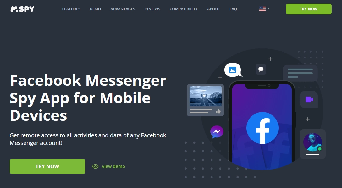 Screenshot of the mSpy Facebook Monitoring landing page hero section.