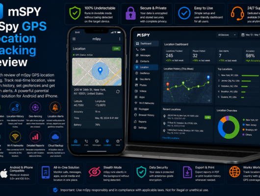mSpy GPS location tracking review with a smartphone and laptop showing real-time location, location history, geofencing, location alerts and GPS dashboard.