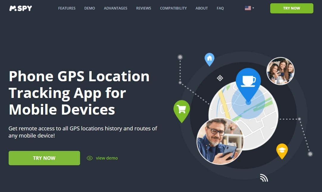 Screenshot of the mSpy GPS Tracking landing page hero section.