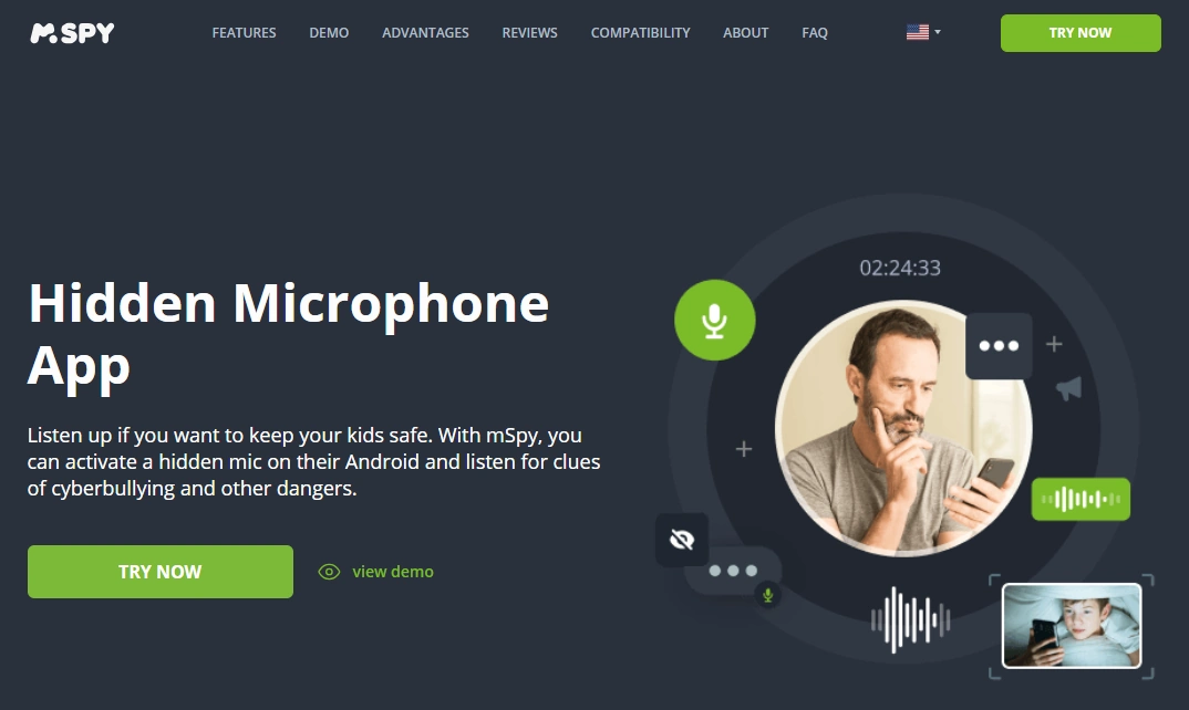 Screenshot of the mSpy Hidden Ambient Recording landing page hero section.