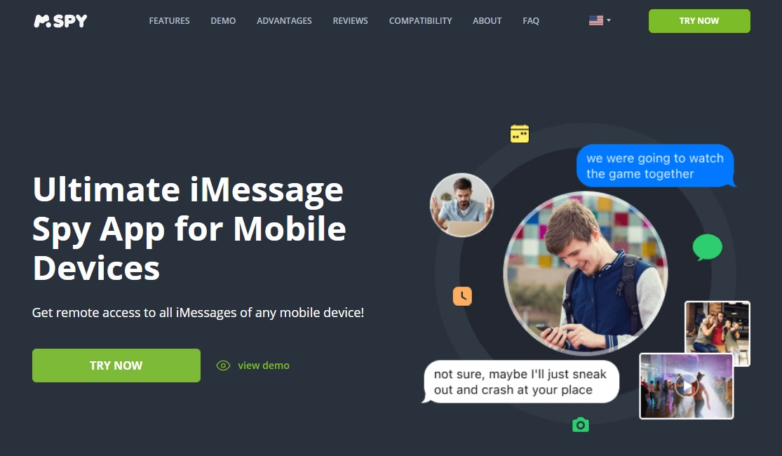Screenshot of the mSpy iMessage Tracking landing page hero section.