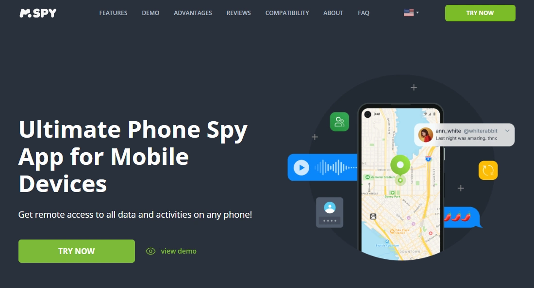 Screenshot of the mSpy initial rs Default URL landing page hero section.