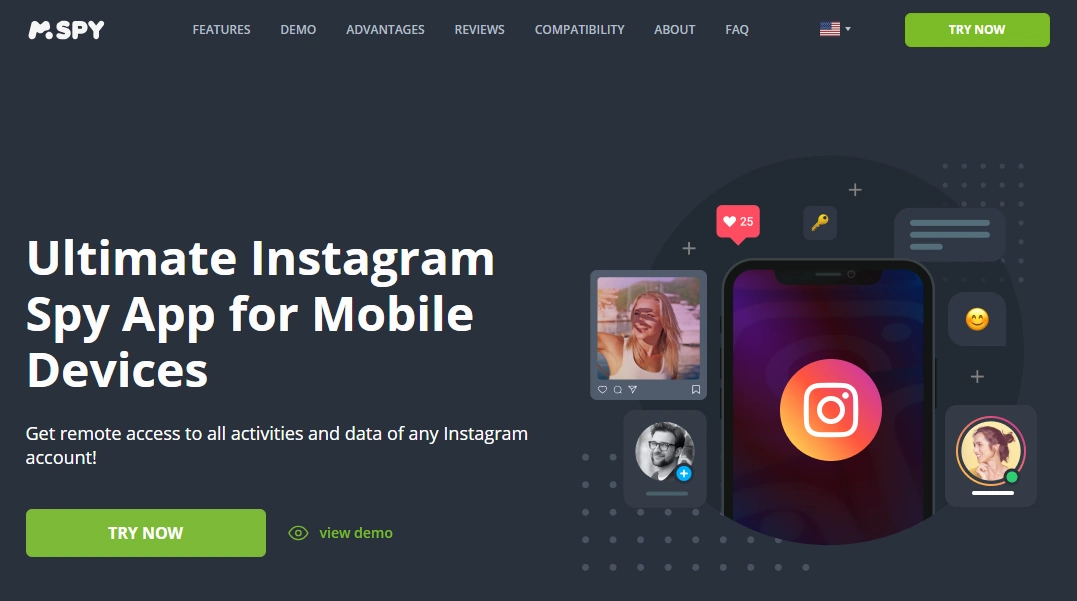 Screenshot of the mSpy Instagram Tracking landing page hero section.
