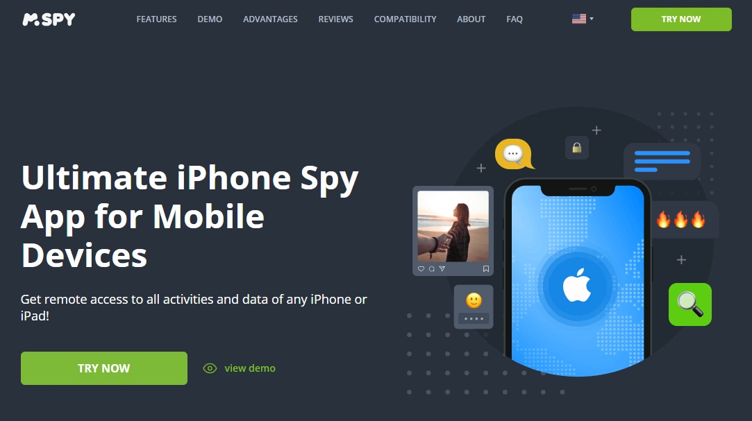 Screenshot of the mSpy iPhone Tracking landing page hero section.
