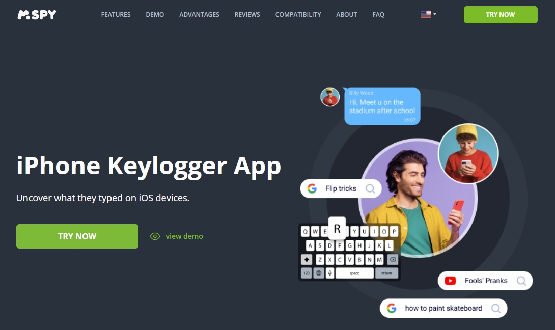 Screenshot of the mSpy Keylogger iPhone landing page hero section.