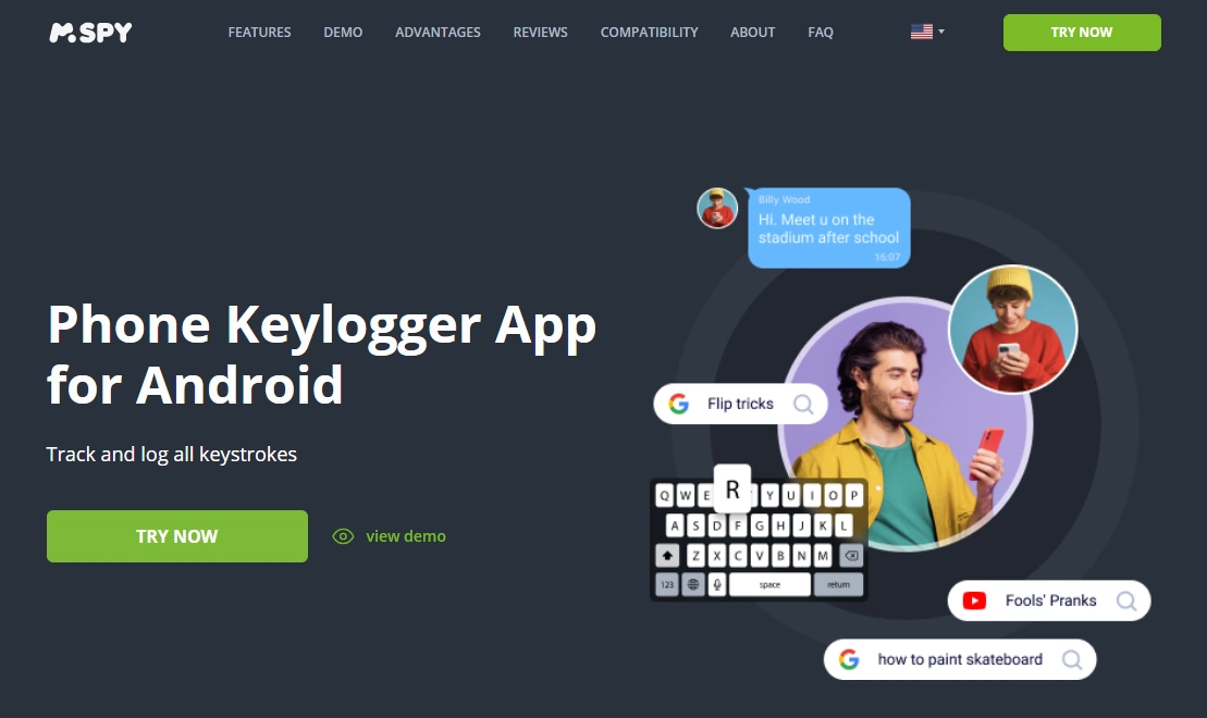 Screenshot of the mSpy Keylogger landing page hero section.