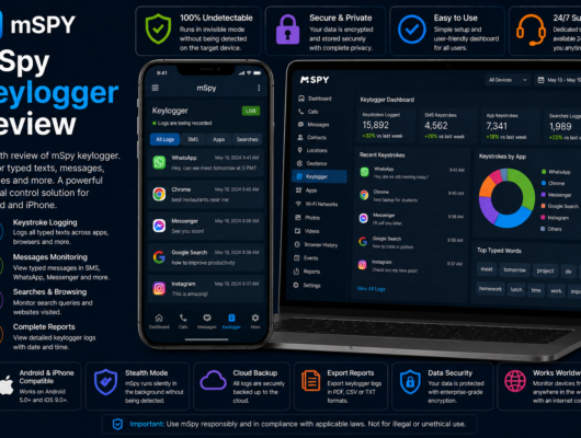 mSpy keylogger review with a smartphone and laptop showing keystroke logs, typed messages, app activity, search history and keylogger dashboard.