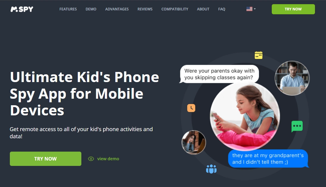 Screenshot of the mSpy Kid Phone Tracking 2047 landing page hero section.