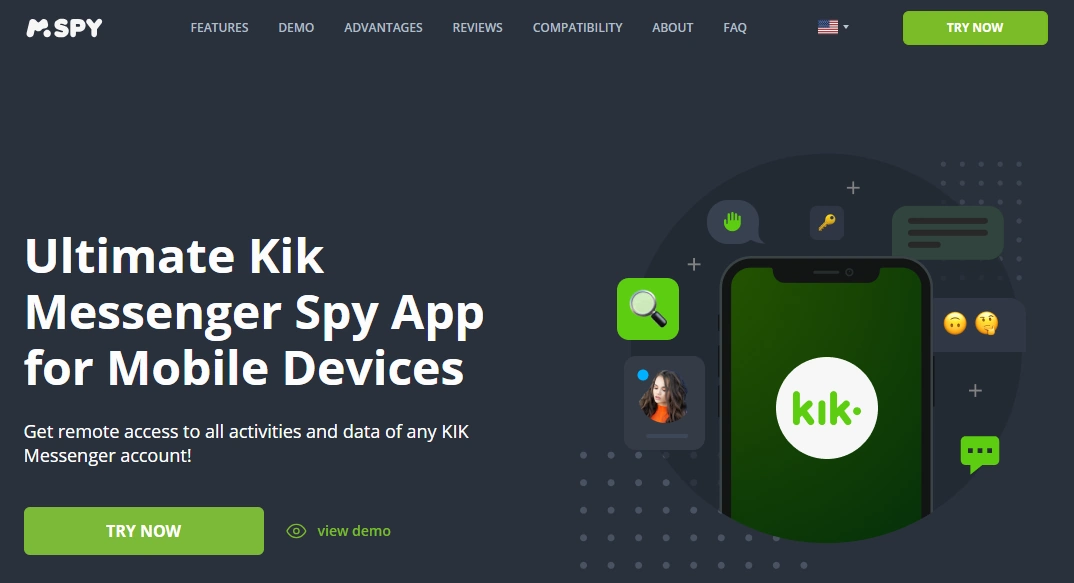 Screenshot of the mSpy Kik Tracking 1371 landing page hero section.