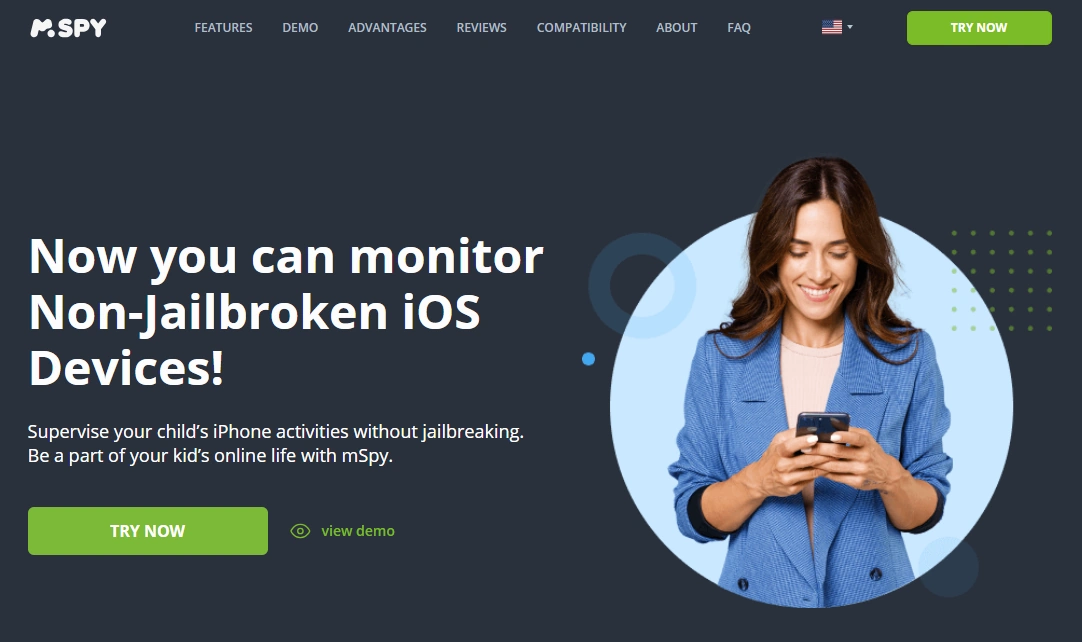 Screenshot of the mSpy No Jailbreak Tracking landing page hero section.