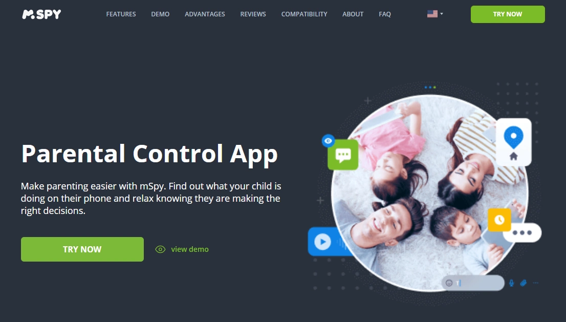 Screenshot of the mSpy Parental Control App landing page hero section.