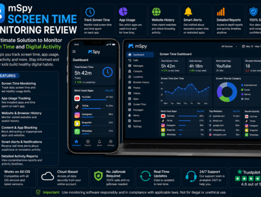mSpy screen time monitoring review with a smartphone and laptop showing screen time, app usage, website history, smart alerts and activity reports.