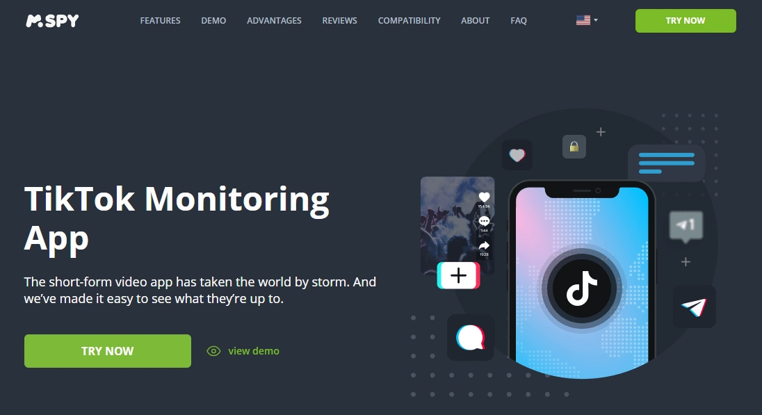 Screenshot of the mSpy TikTok Monitoring 1874 landing page hero section.