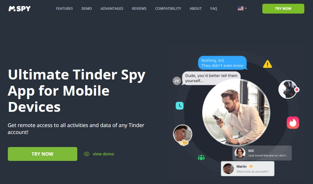 Screenshot of the mSpy Tinder Tracking landing page hero section.