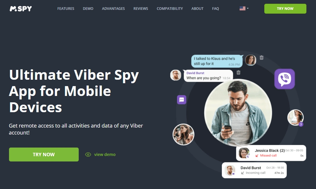 Screenshot of the mSpy Viber Tracking landing page hero section.