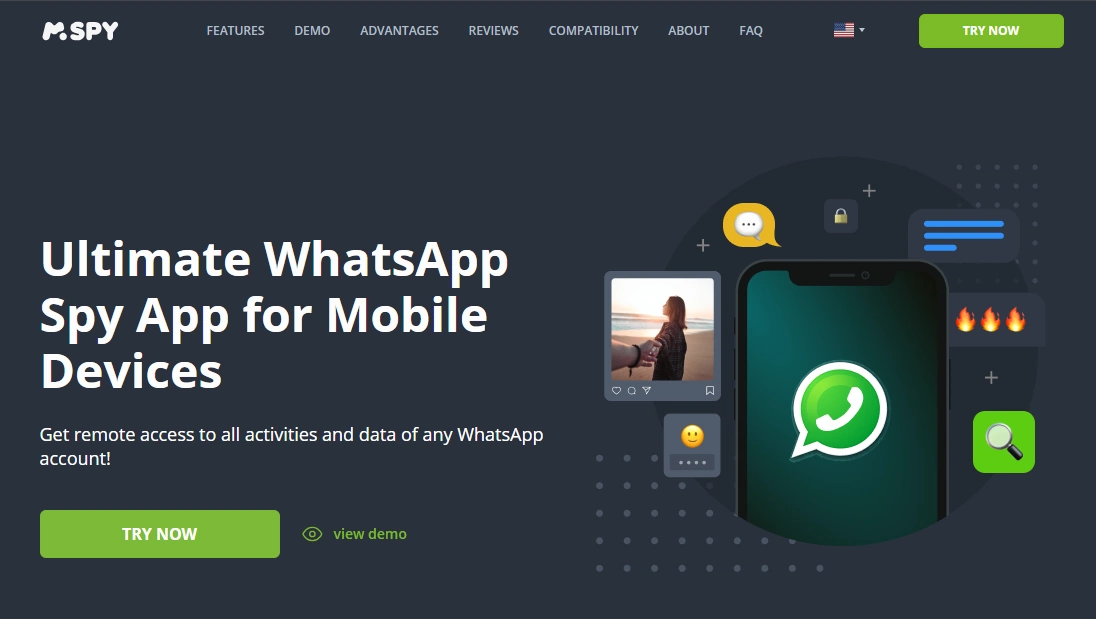 Screenshot of the mSpy WhatsApp Tracking 135 landing page hero section.