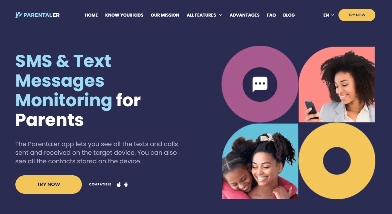 Screenshot of the Parentaler Text Messages landing page hero section.