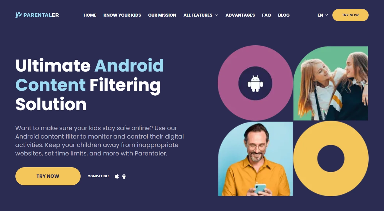 Screenshot of the Parentaler Web Filtering Android landing page hero section.