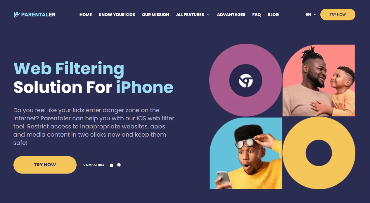 Screenshot of the Parentaler Web Filtering iPhone landing page hero section.
