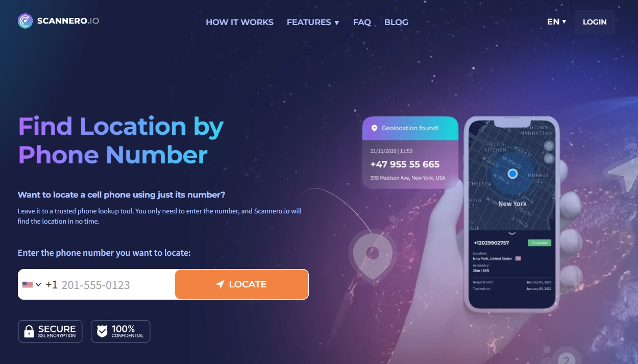 Screenshot of the Scannero Default URL landing page hero section.