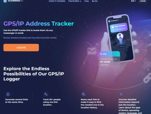 Screenshot of the Scannero GPS IP Address Tracker landing page hero section.