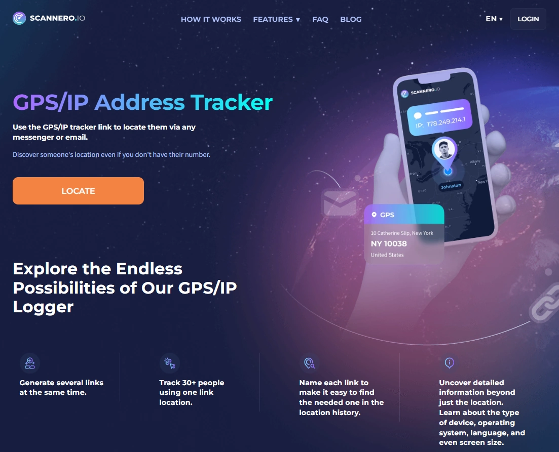 Screenshot of the Scannero GPS/IP Address Tracker landing page hero section.
