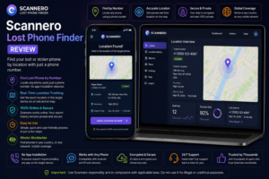 Scannero lost phone finder review with a smartphone and laptop showing phone number lookup, location found, map pin, accuracy, search history and location dashboard.