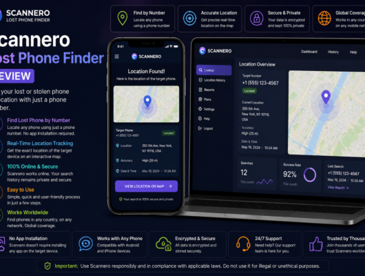 Scannero lost phone finder review with a smartphone and laptop showing phone number lookup, location found, map pin, accuracy, search history and location dashboard.
