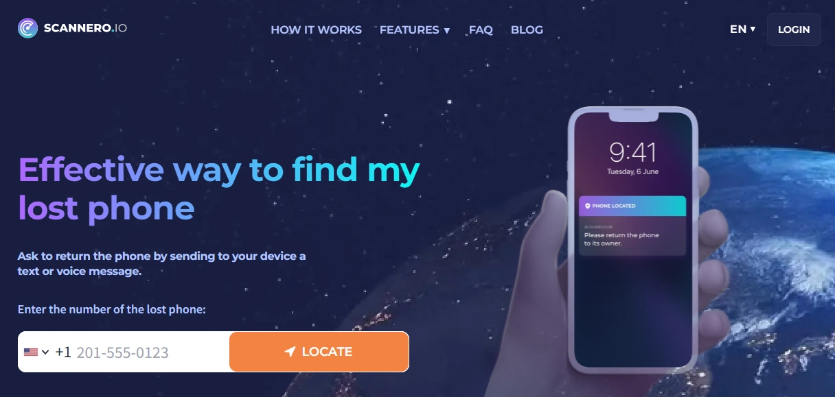Screenshot of the Scannero Lost Phone landing page hero section.