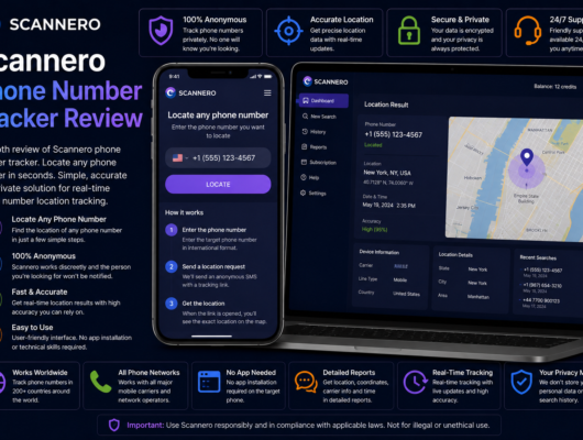 Scannero phone number tracker review with a smartphone and laptop showing phone number lookup, location result, map pin, device information and recent searches.