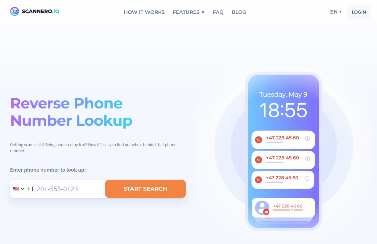 Screenshot of the Scannero Reverse Number Lookup landing page hero section.