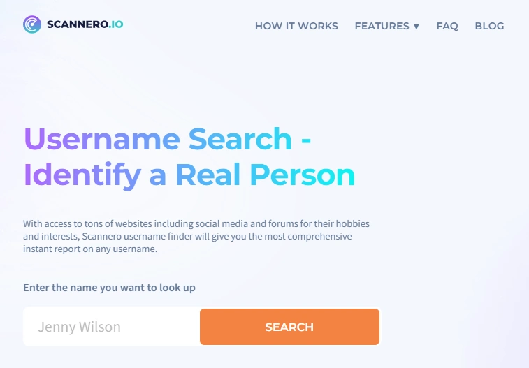 Screenshot of the Scannero Reverse Username Lookup landing page hero section.