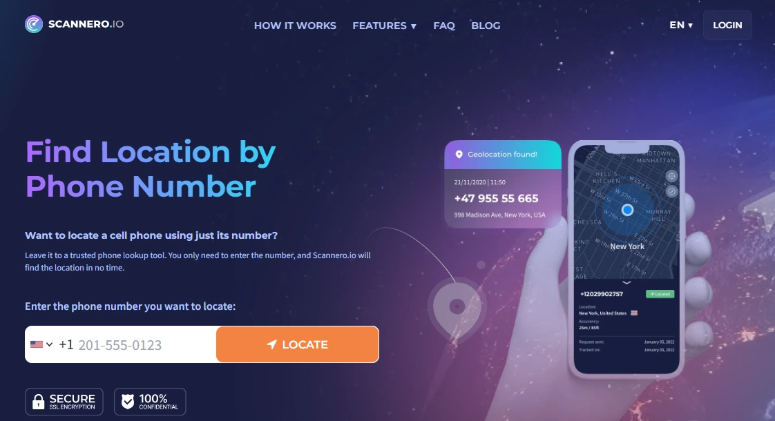 Screenshot of the Scannero Search Phone Number landing page hero section.