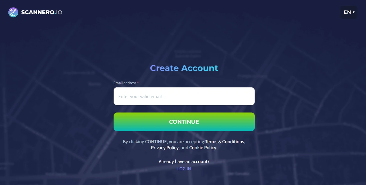 Screenshot of the Scannero Trial landing page hero section.