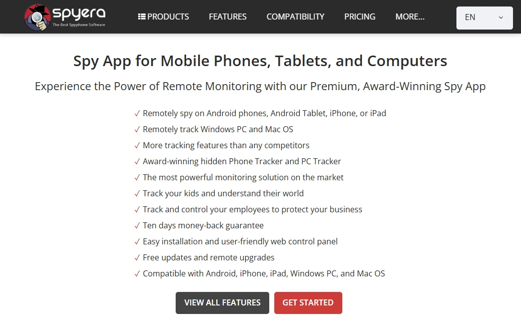 Screenshot of the Spyera Track Their Cell Phone Remotely landing page hero section.