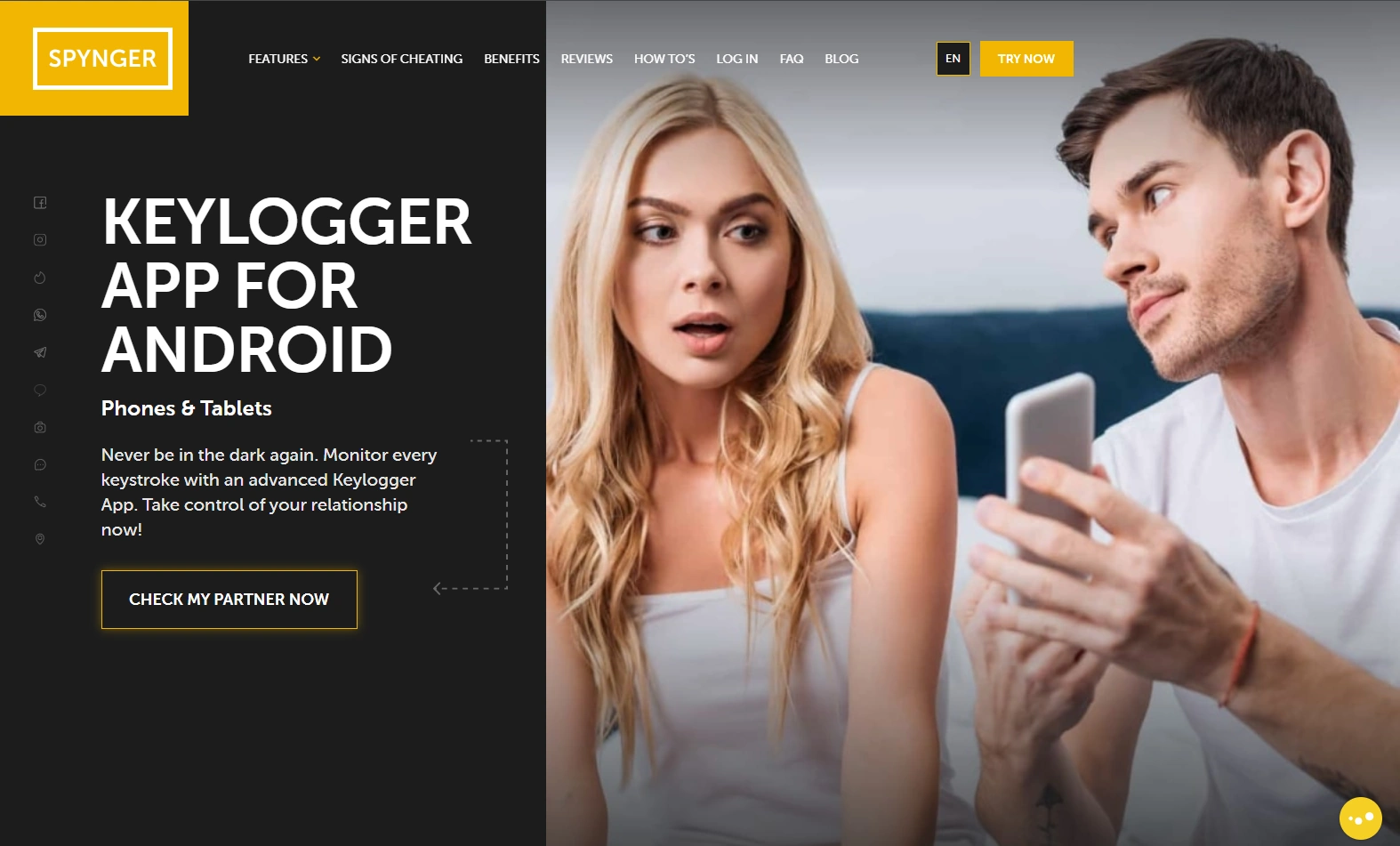 Screenshot of the Spynger Android Keylogger landing page hero section.