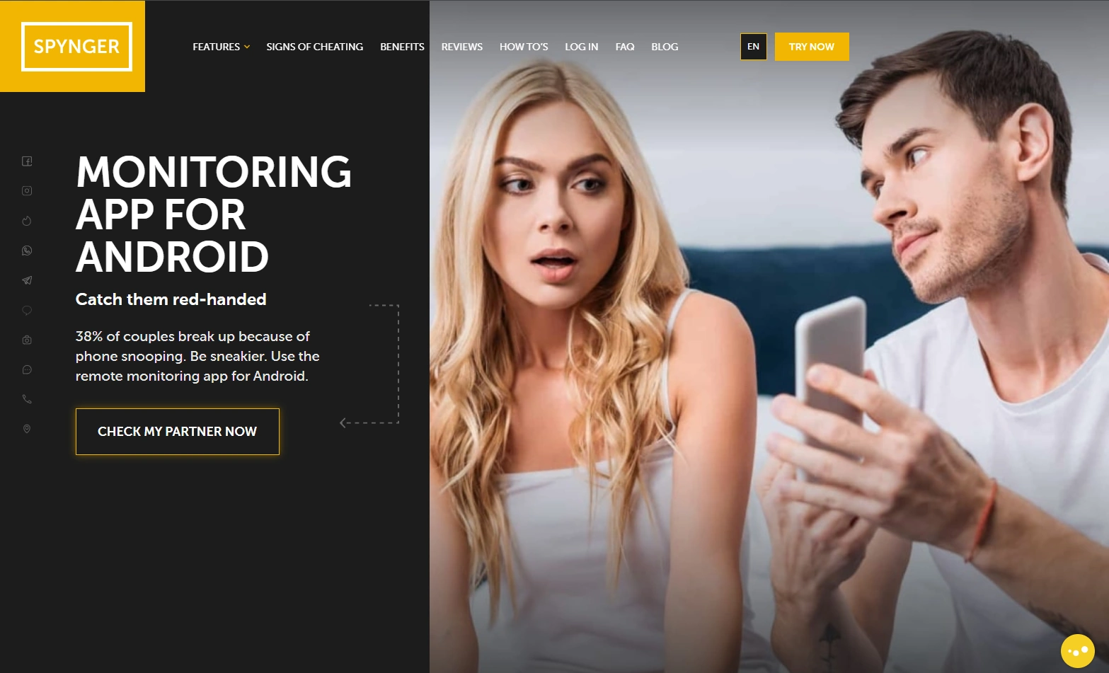 Screenshot of the Spynger Android Monitoring landing page hero section.