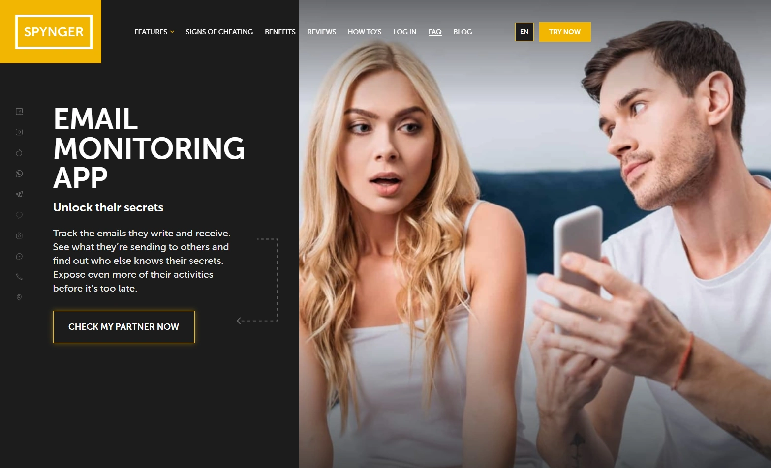 Screenshot of the Spynger Email Monitoring landing page hero section.